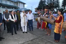 A group of Meghalaya artsits giving a traditional welcome to