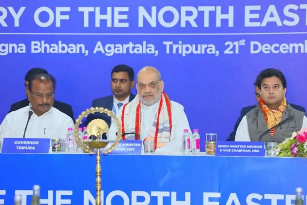 6 Home Minister Sh. Amit Shah at the 72nd NEC Plenary Session held in Agartala, alongside Minister of MDoNER Sh. Jyotiraditya Scindia and Governor of Tripura Shri In (1).jpg